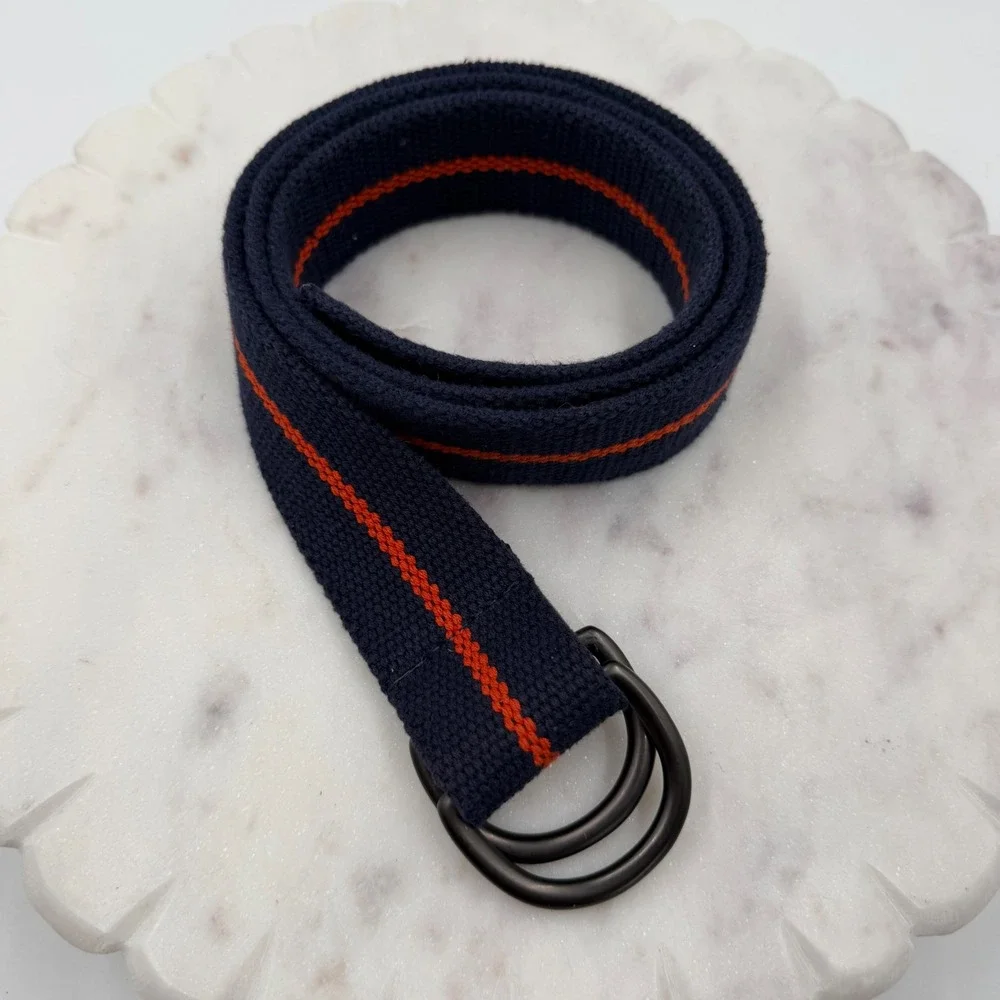 Navy Blue Orange Striped Woven Cotton D-Ring Belt Mens Canvas Webbing 40 Inch